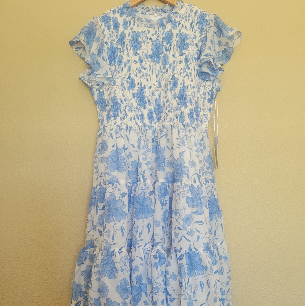 J.Mari Chloe Louise Floral Print Smocked Ruffled Mock Neck Tiered A-Line dress